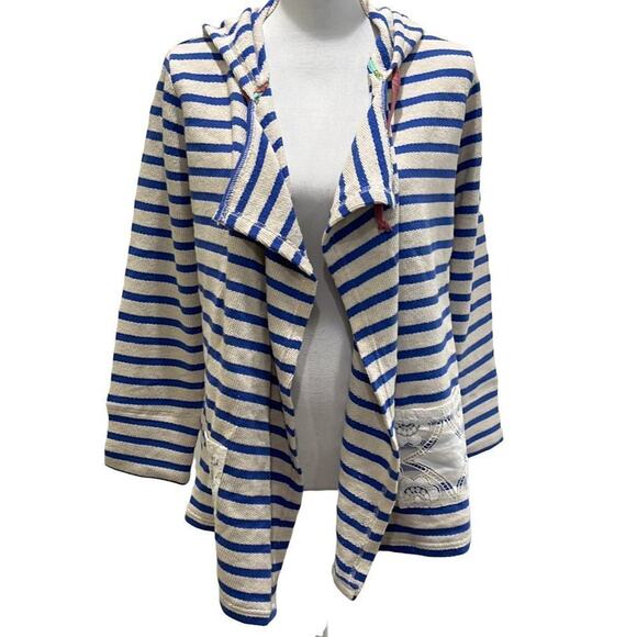 Matilda Jane‎ Women's S Open Front Midway Hood Cardigan Blue White Stripe Beach - Picture 2 of 7
